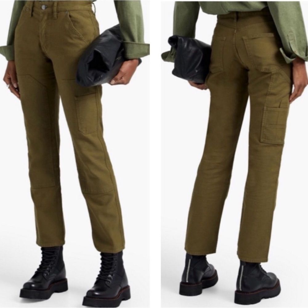Frame Le Slouch Short Utility Carpenter Straight Jeans Olive Surplus Green US 25